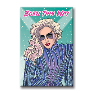 Illustration of Lady Gaga in a blue rhinestone dress and matching eye makeup in front of a teal background with the words "Born This Way" written across the top in pink.