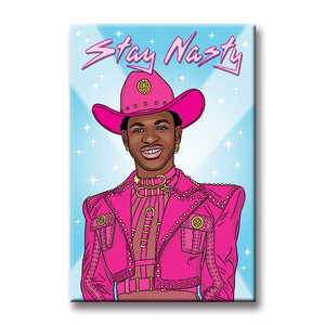 Illustration of Lil Nas X in a pink chest harness and matching cropped pink leather jacket and cowboy hat with gold embellishments in front of a blue background with white sparkles and "Stay Nasty" in pink across the top.