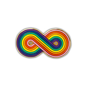 Enamel pin of a rainbow in the shape of an infinity sign. 
