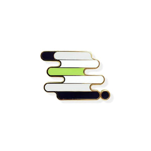 Enamel pin of a squiggle with the agender pride flag colors.