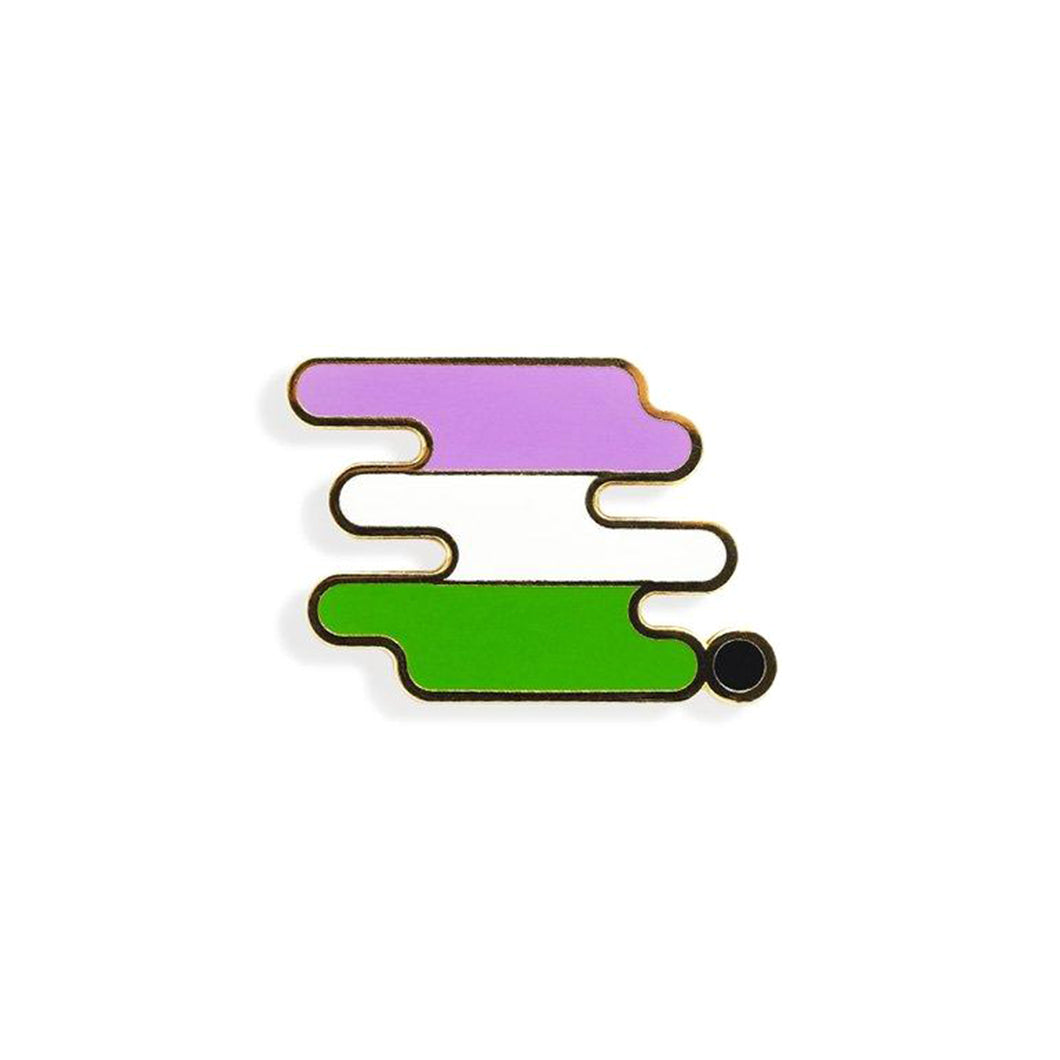 Enamel pin of a squiggle with the genderqueer pride flag colors.