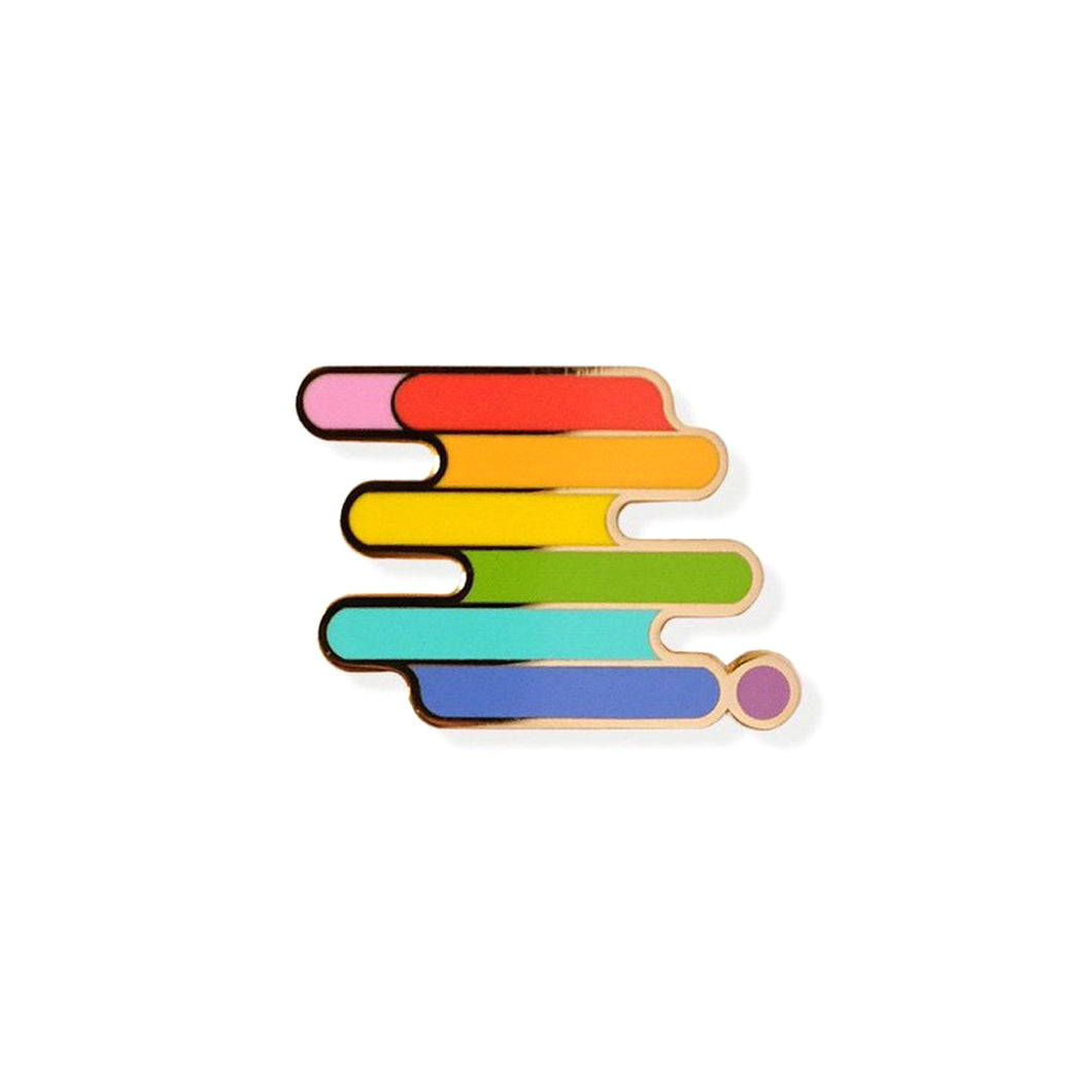 Enamel pin of a squiggle with the LGBTQ pride flag colors.