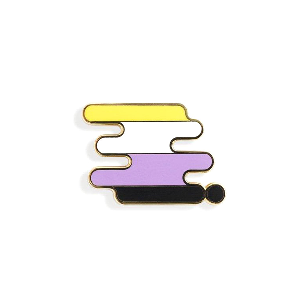 Enamel pin of a squiggle with the nonbinary pride flag colors.
