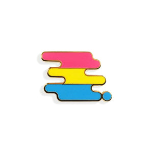 Enamel pin of a squiggle with the pansexual pride flag colors.