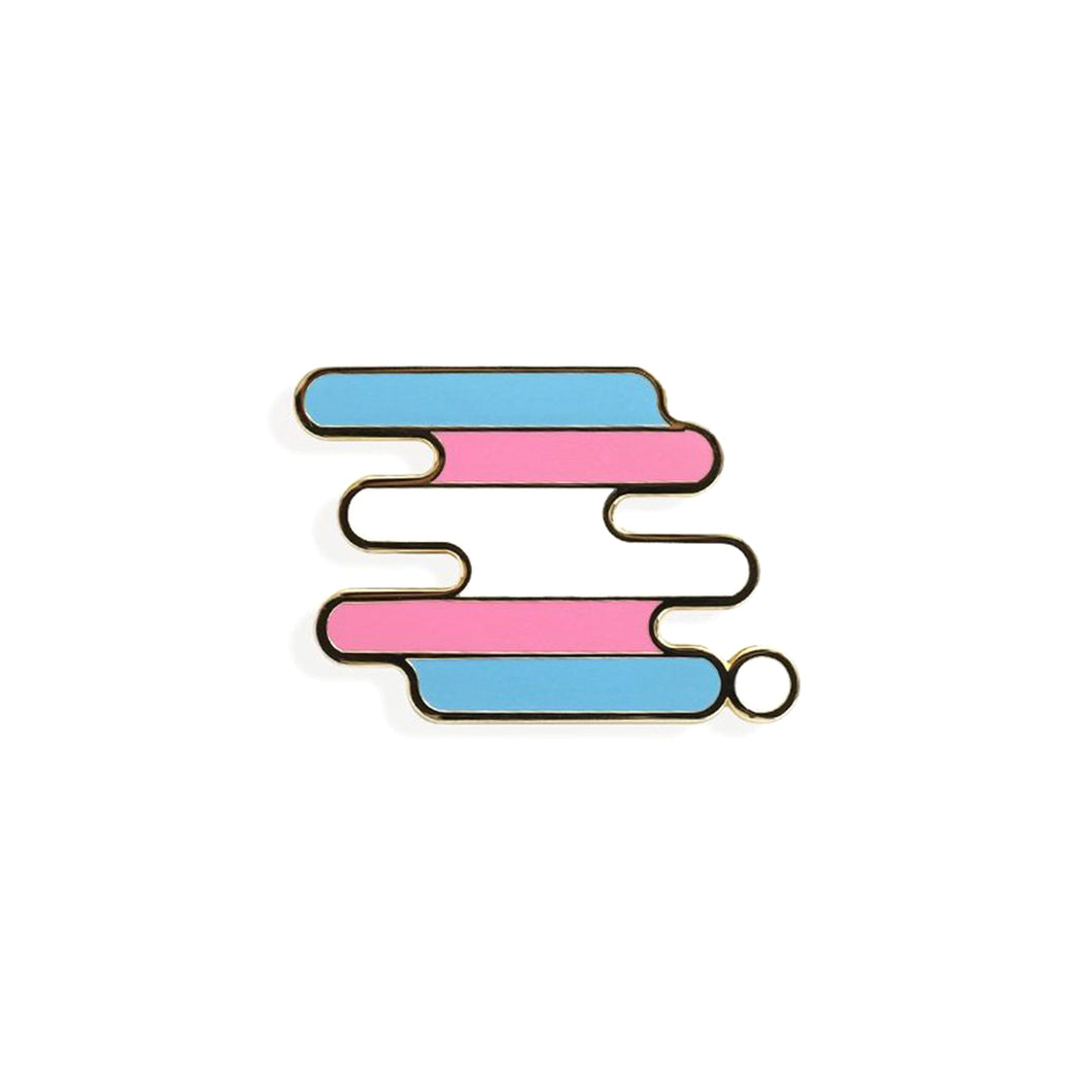 Enamel pin of a squiggle with the transgender pride flag colors.