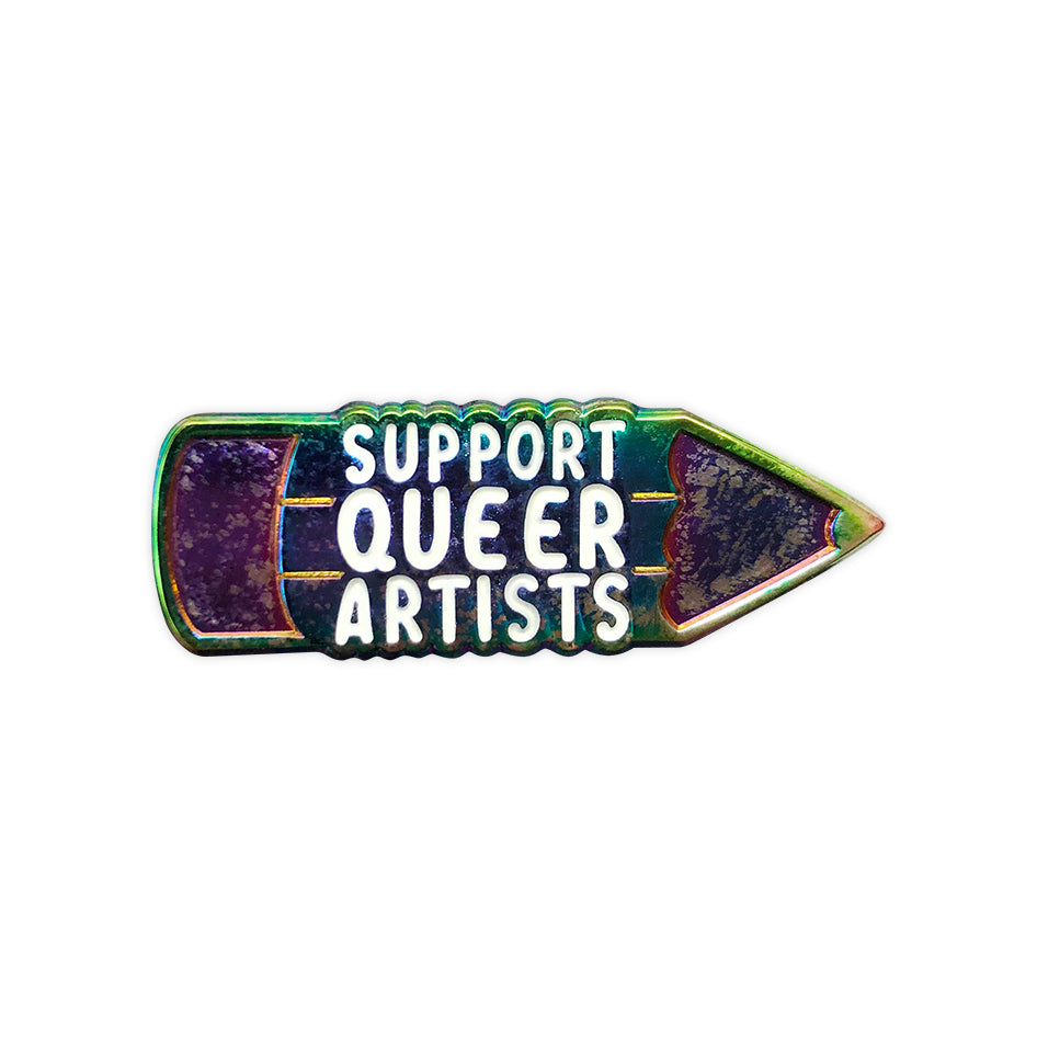 Enamel pin of a holographic pencil with text that reads 
