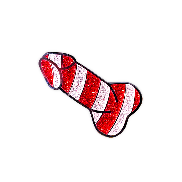 Enamel pin of a cartoon penis with red and white candy cane stripes. 