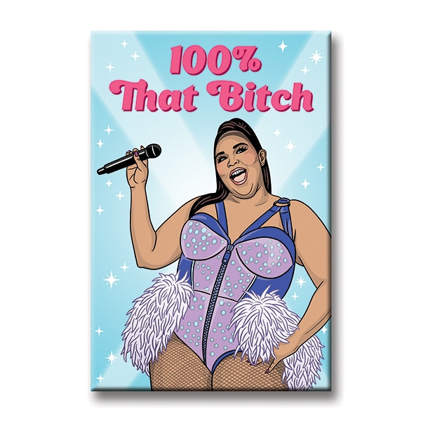 Illustration of Lizzo singing in a purple bodysuit in front of a blue background with the words 