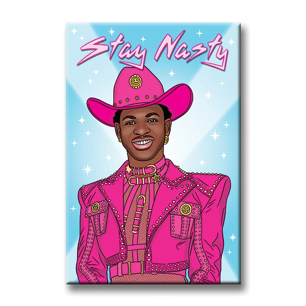 Illustration of Lil Nas X in a pink chest harness and matching cropped pink leather jacket and cowboy hat with gold embellishments in front of a blue background with white sparkles and 