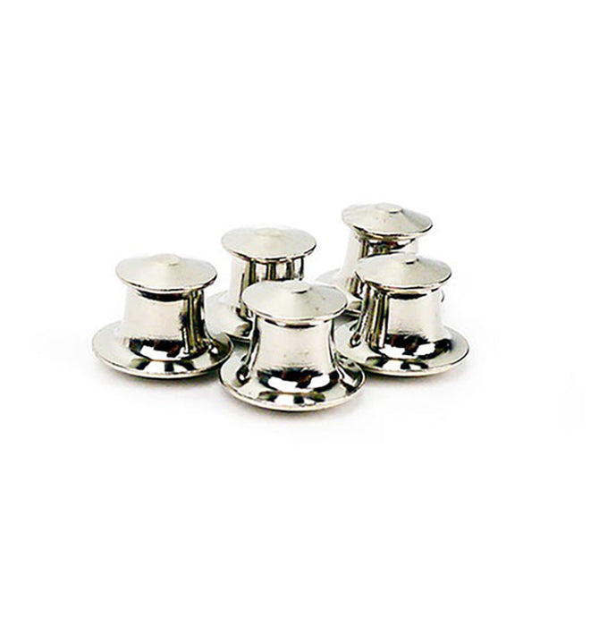 Picture of a collection of 5 silver locking pin backs. 