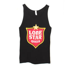 Load image into Gallery viewer, A picture of a black tank top with a red and yellow shield logo with a star at the top that reads &quot;Lone Star Queer&quot; inside.