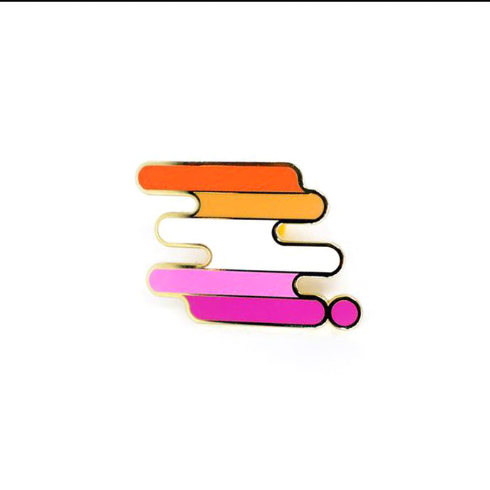 Enamel pin of a squiggle with the lesbian pride flag colors.