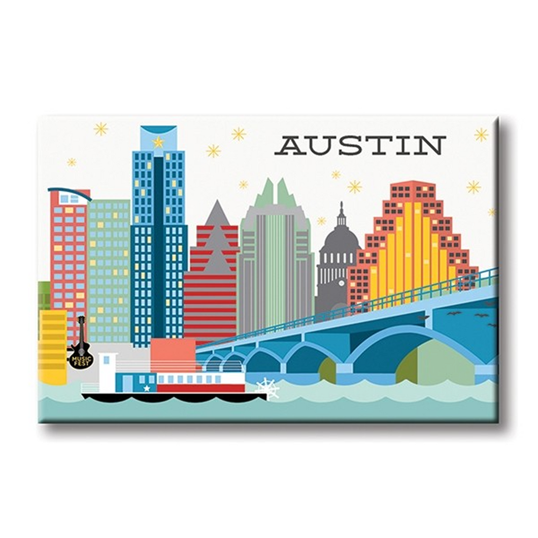 Colorful illustration of the Austin skyline with a bridge and a boat on the lake. 