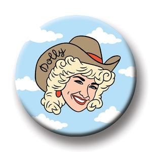 Illustration of Dolly Parton in a brown cowboy hat with "Dolly" written on it in front of a blue background with clouds. 