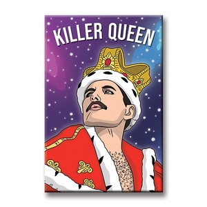 Illustration of Freddie Mercury in a red cloak lined with white fur and a gold crown with red jewels and white spotted fur in front of a galaxy background with "Killer Queen" in white across the top. 