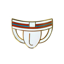 Load image into Gallery viewer, Enamel pin of a white jockstap with red and blue stripes across the band. 